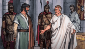 На фото изображен Иисус перед Понтием Пилатом.
